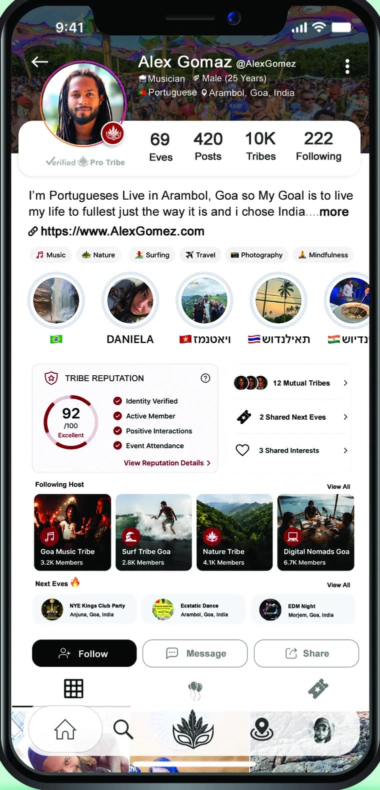 An EVE profile — Eves, posts, tribes and following counts above a Tribe Reputation score, the hosts this member follows, and the Next Eves they are holding tickets for